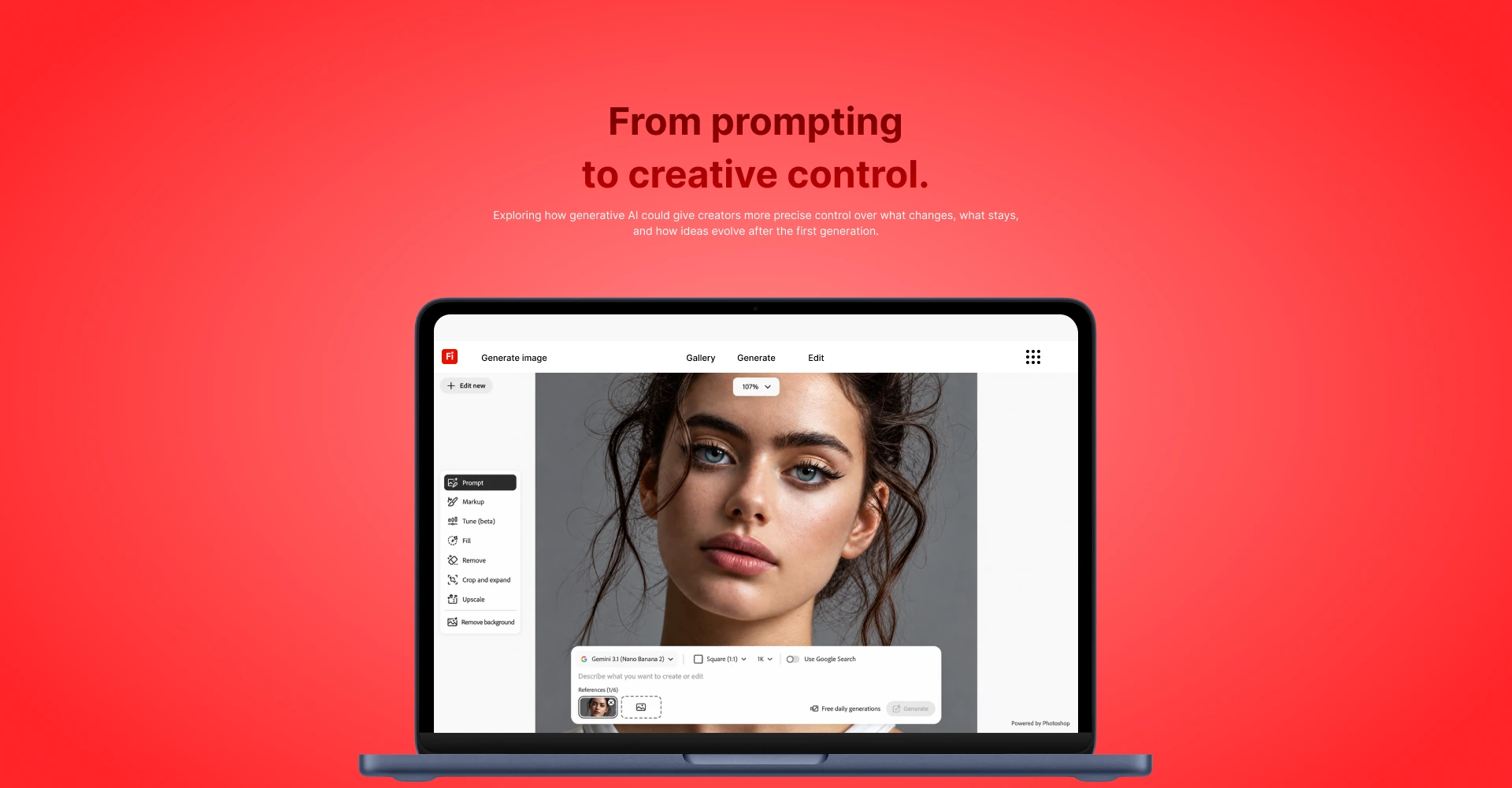 Adobe Firefly — From prompting to creative control, shown on a laptop