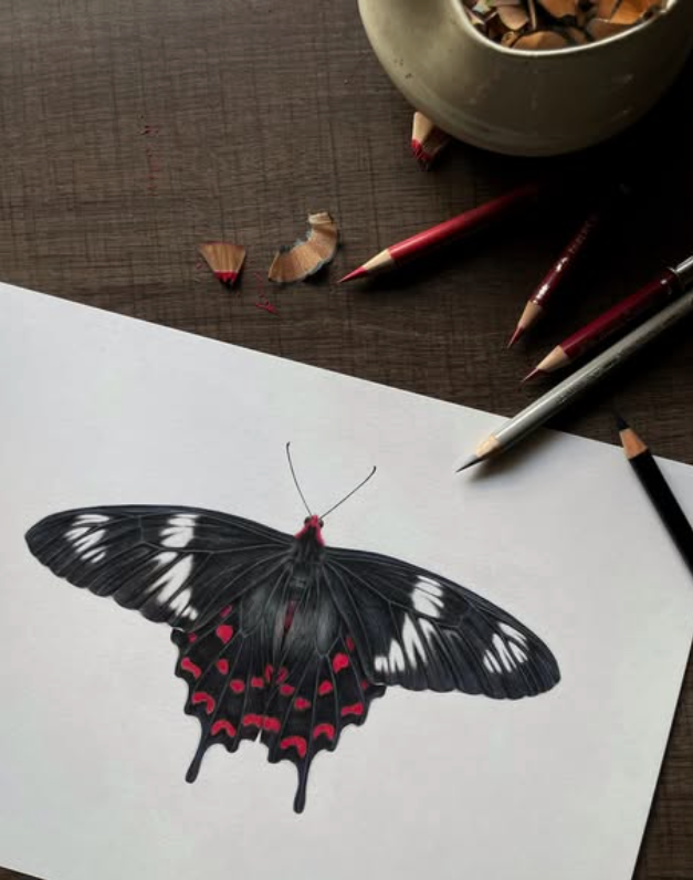 Colored pencil drawing of a butterfly with art supplies