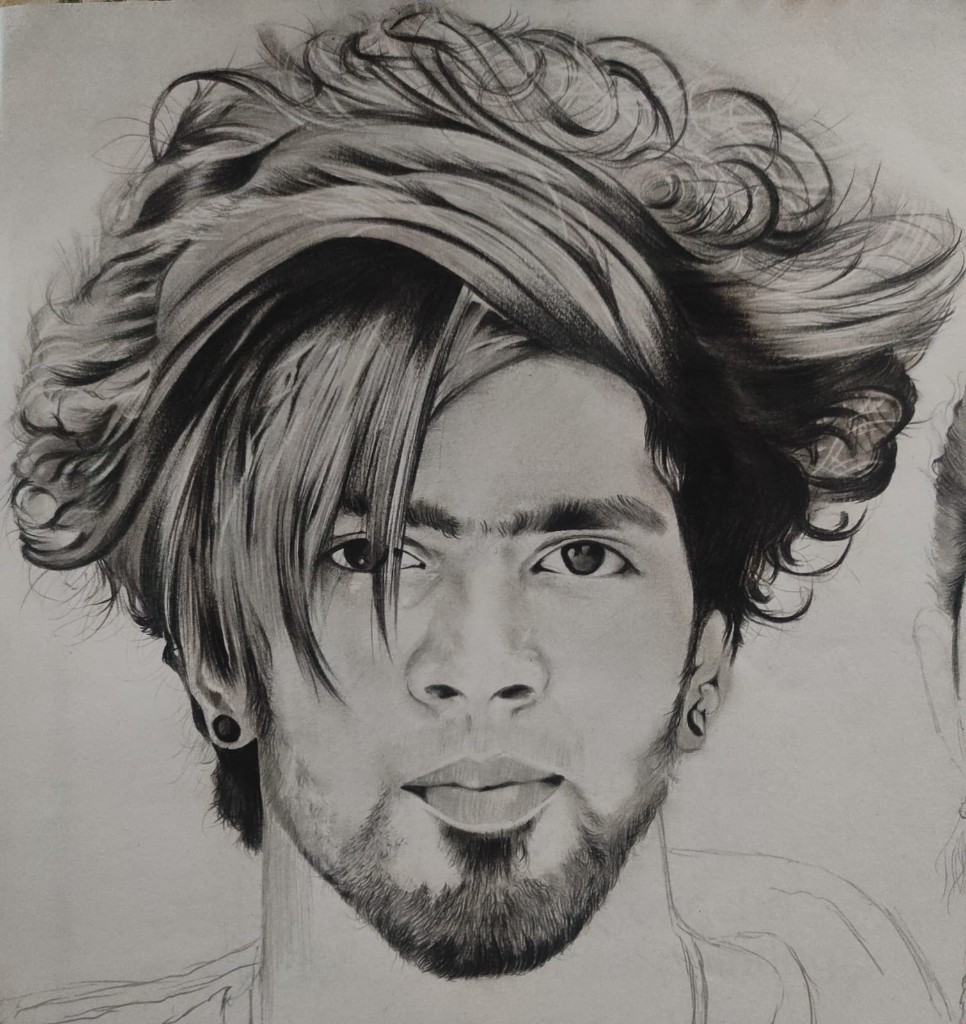 Pencil portrait with voluminous hair
