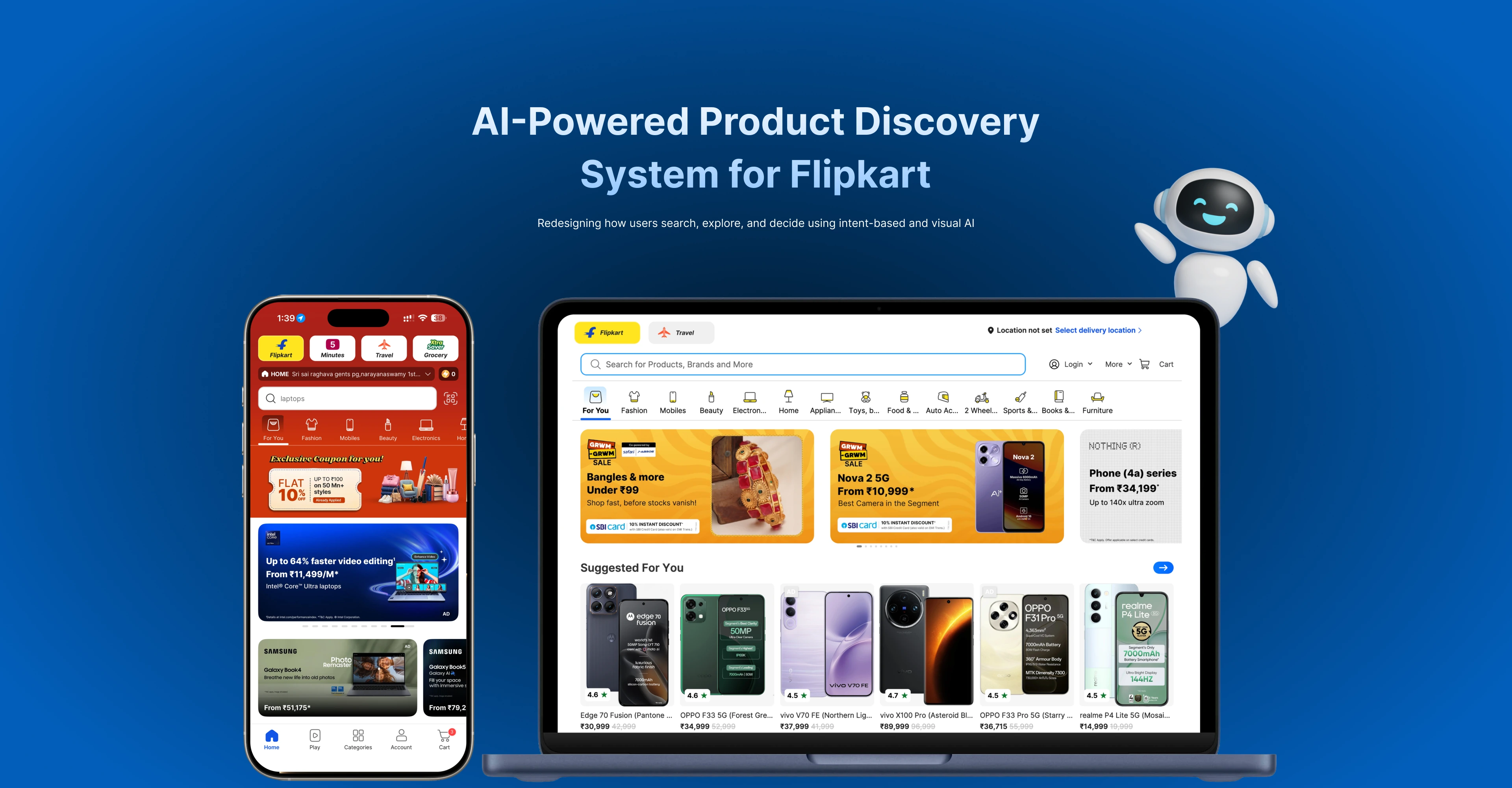 Flipkart AI-powered product discovery shown on a phone and laptop