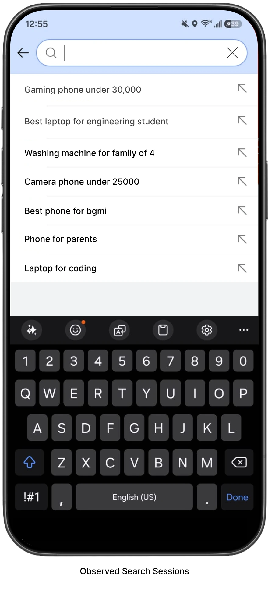 Phone mockup showing intent-based search suggestions such as gaming phone under 30,000 and best laptop for an engineering student