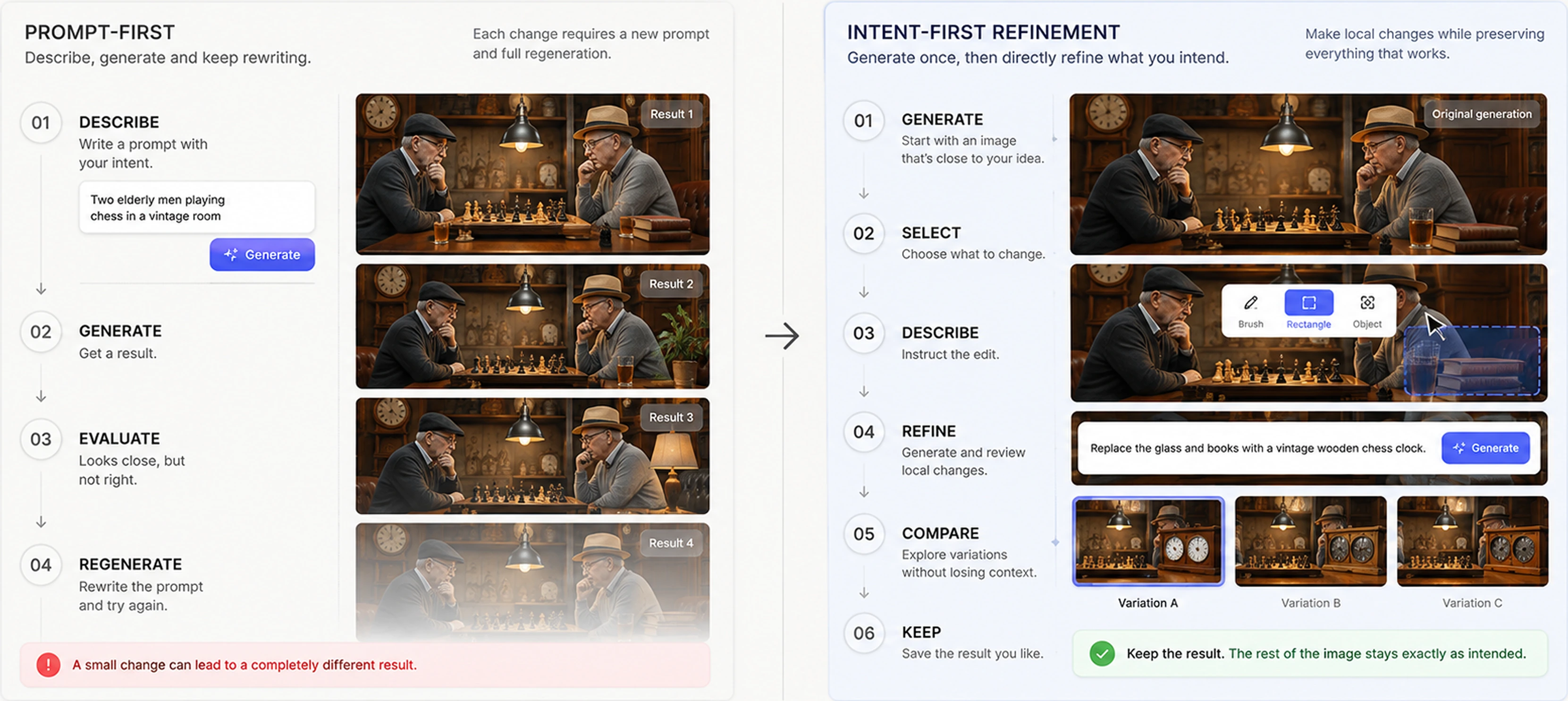 Diagram comparing prompt-first and intent-first refinement interaction models