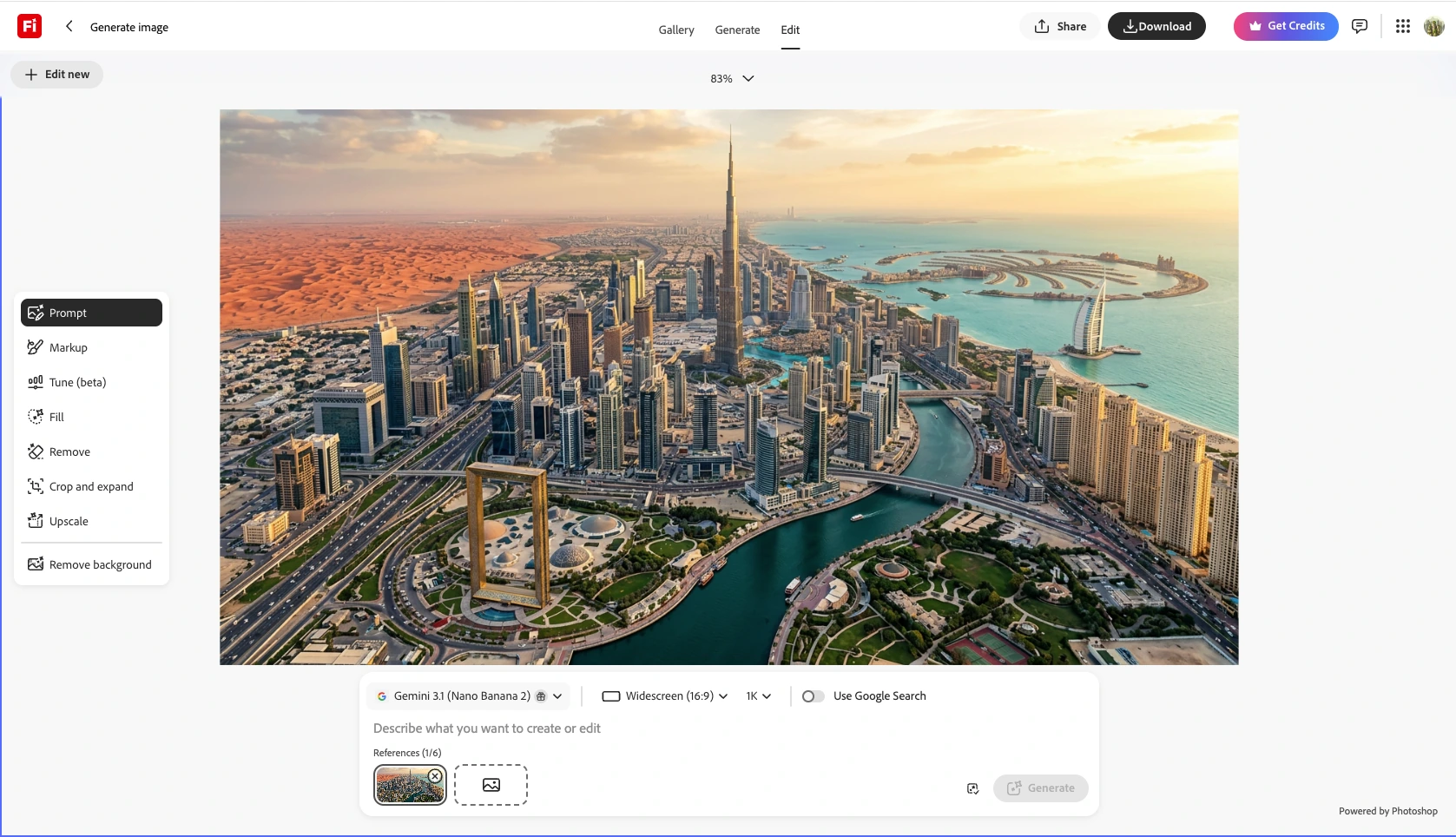Adobe Firefly current editing experience in 2026, showing prompt, markup, tune, fill, remove, and expand tools